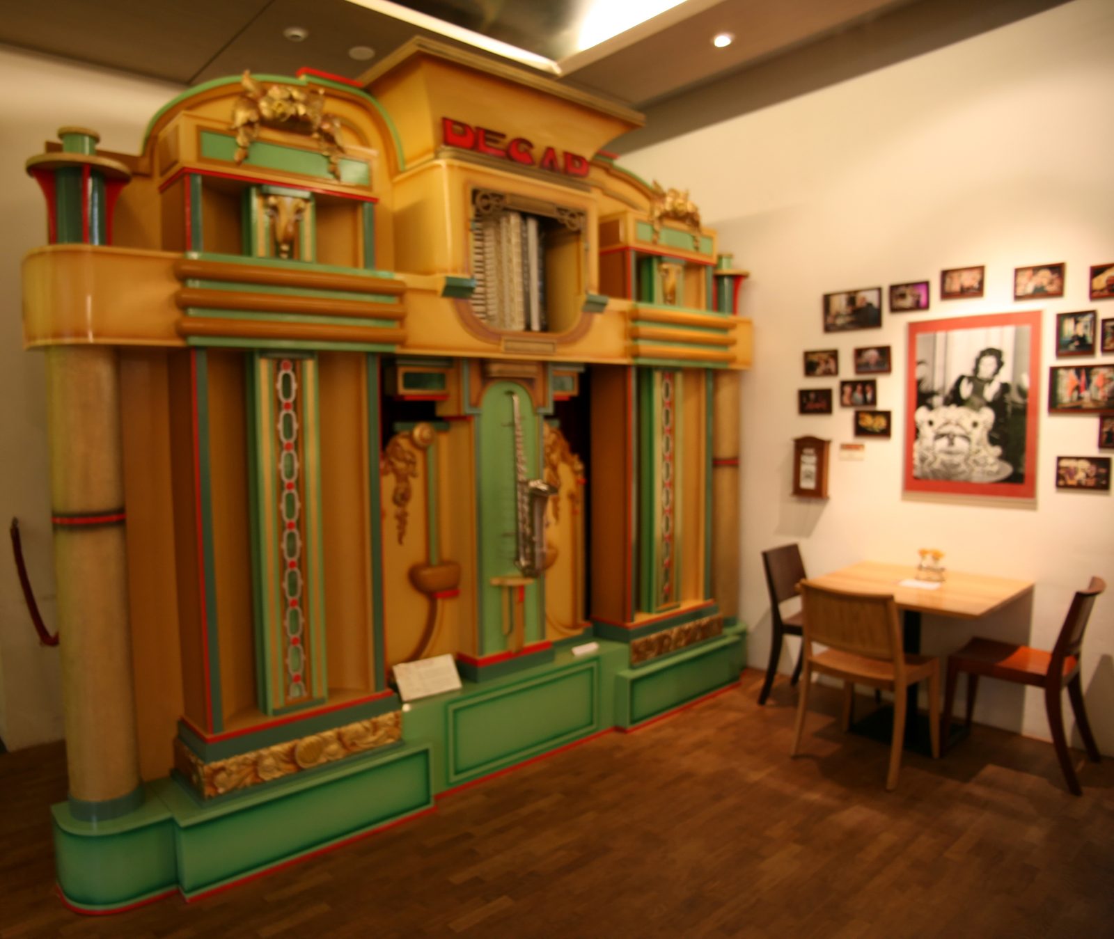 Figure 3 — A Belgian dance organ (Mortier or Decap) with an Art-Deco façade: geometric panels, chrome, coloured glass and electric back-lighting for the indoor ballroom.