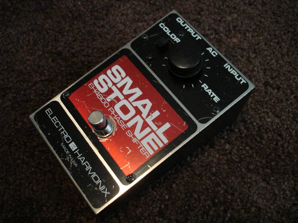 An Electro-Harmonix Small Stone phaser — the canonical Rhodes phaser pedal (Rate knob + Color switch), a four-stage analog phaser introduced in 1974. Reference image.
