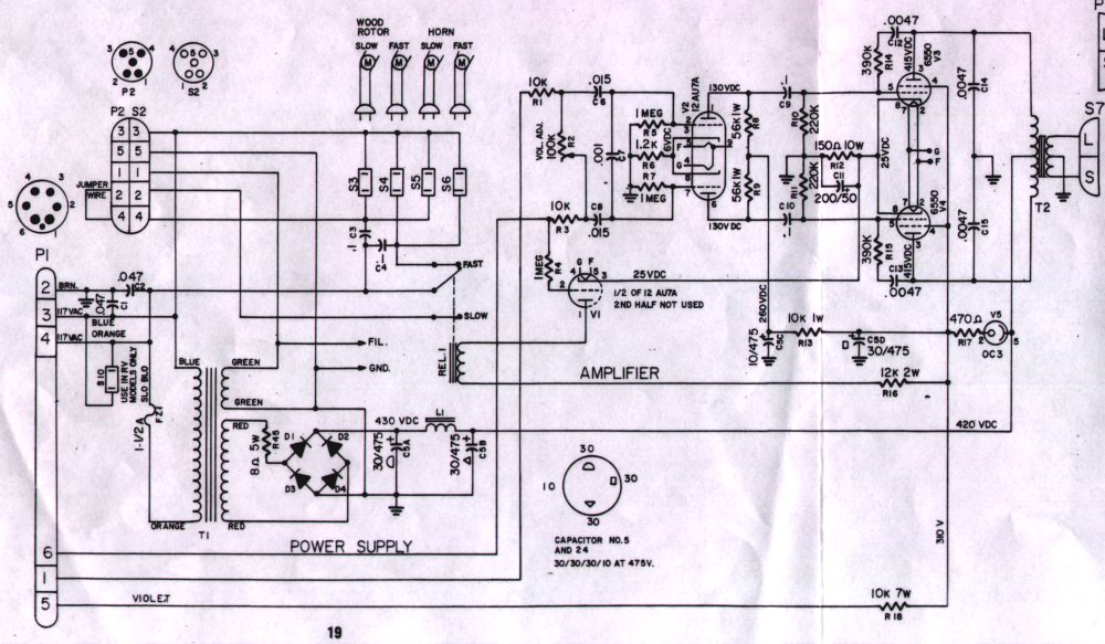 The vintage Leslie 122 power-amplifier schematic — the 12AU7A driver/phase-splitter, the push-pull 6550 output pair, the OC3 voltage regulator, and the 430/420/310 VDC supply rails, with the P1/P2 …