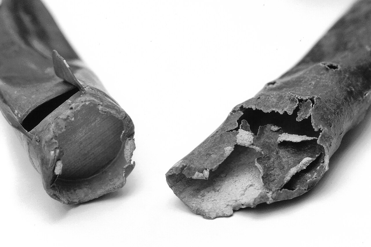 Figure 3 — A corroded tin-lead organ pipe: white lead-carbonate corrosion bloom on the metal surface, of the kind promoted by organic-acid off-gassing in a closed case and by acidic, humid atmospheres.