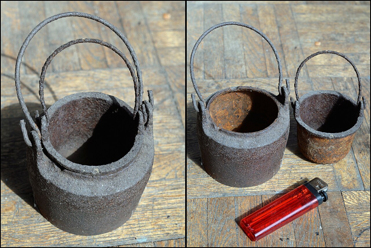 Figure 2 — A double-boiler hide-glue pot with amber granules and a brush — the classic-column adhesive, graded by gram strength and reactivated with heat and moisture.