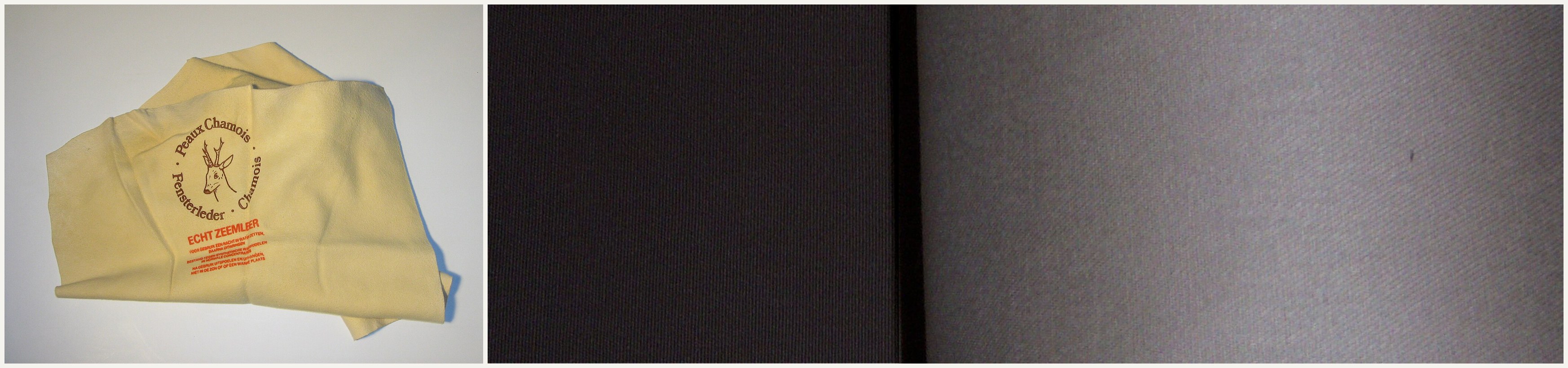Figure 3 — A sheet of thin, pale sheepskin bellows leather beside a roll of black rubberised bellows cloth — the classic and modern bellows coverings side by side.