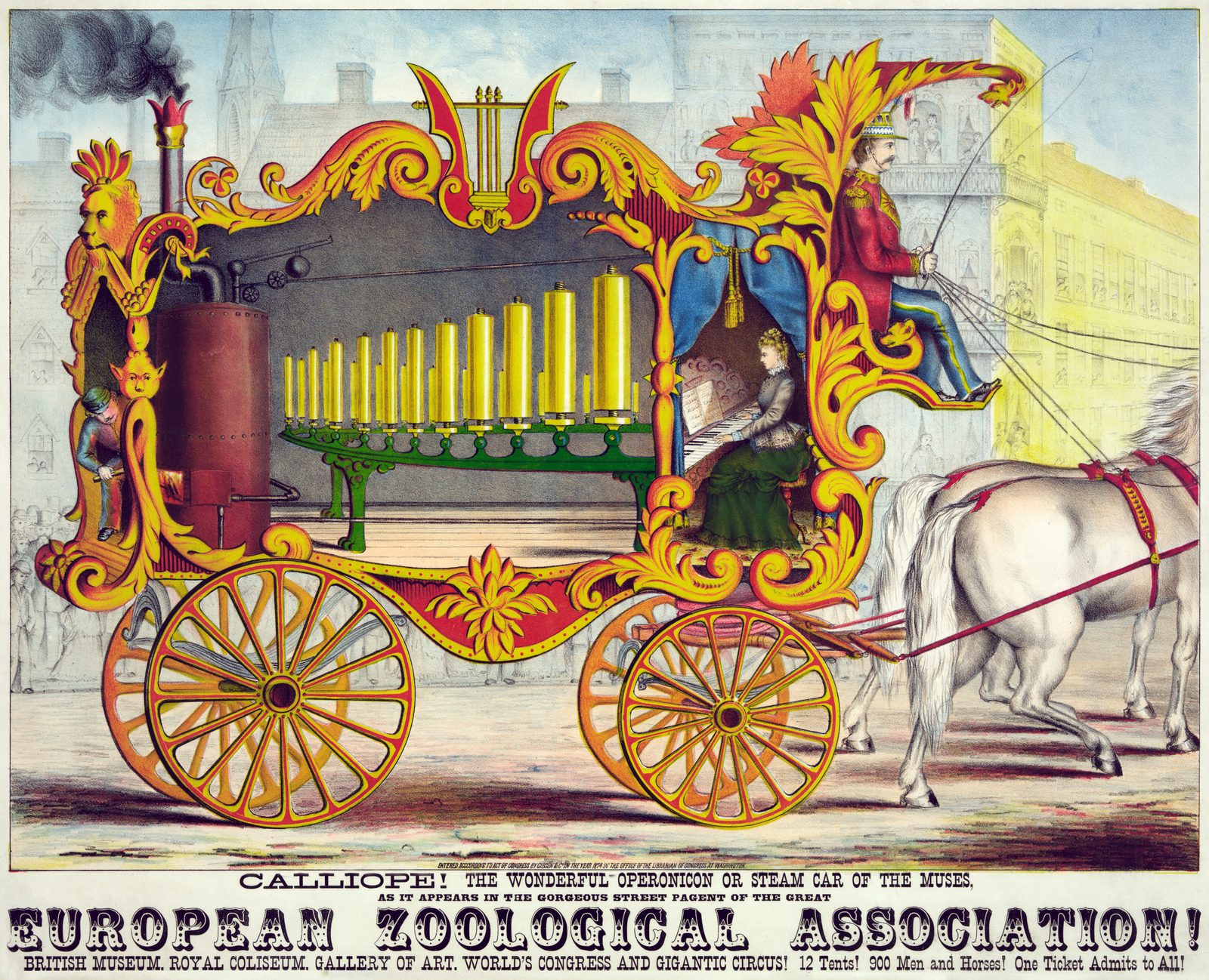 Figure 2 — A 19th-century engraving of a Stoddard-type steam calliope from the American Steam Music Company era, showing the boiler, the whistle rank, and the pinned-cylinder action.