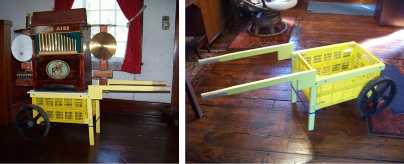 Figure 3 — A traditional two-wheel hand-truck organ cart beside a folding box-cart