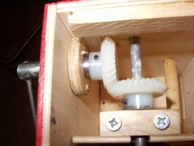 Figure 3 — The pair of 30-tooth nylon miter gears that relocate a Busker's hand crank at a right angle (jsart88, Dwayne Glanton); at 30:30 the ratio is exactly 1:1, so the drive changes direction but neither …
