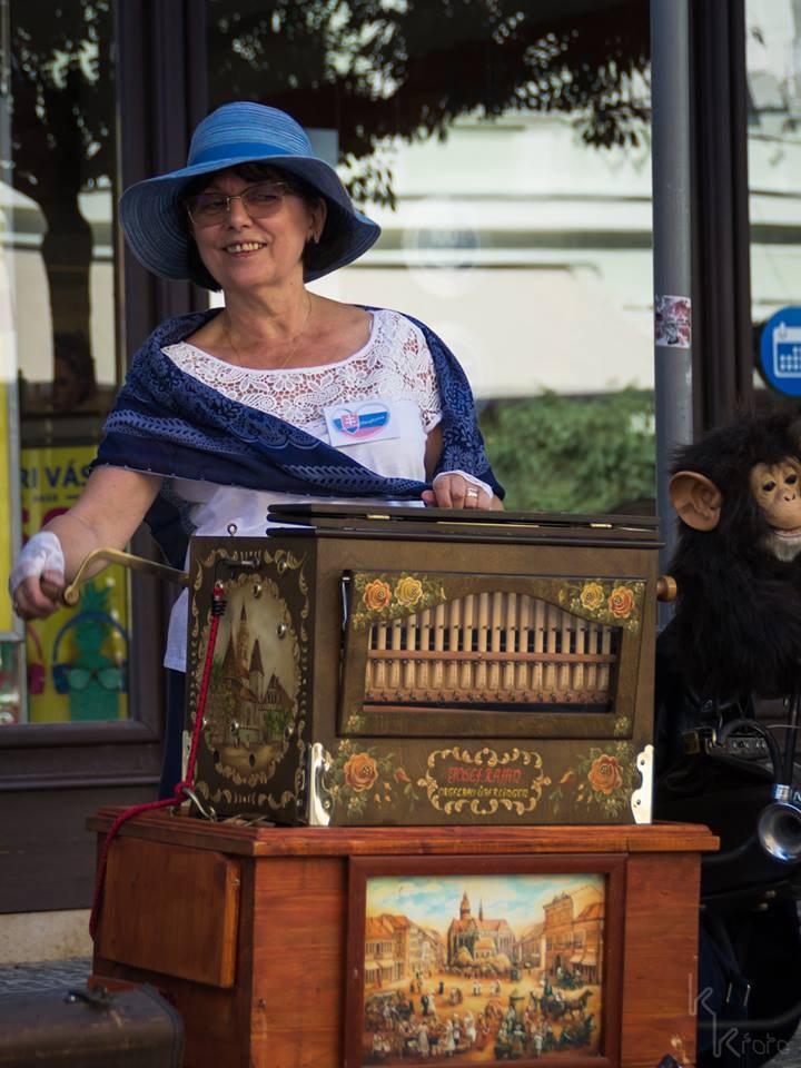 Figure 2 — An operator turning the handle of a small hand-cranked busker organ; holding the crank at a steady ~one-revolution-per-second cadence is the real tempo control, and a documented chore.